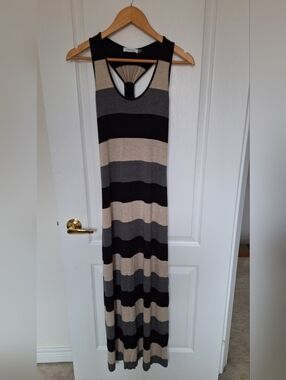 Calvin Klein Striped Summer Maxi Dress in Black, Grey, and Beige With Racer Back